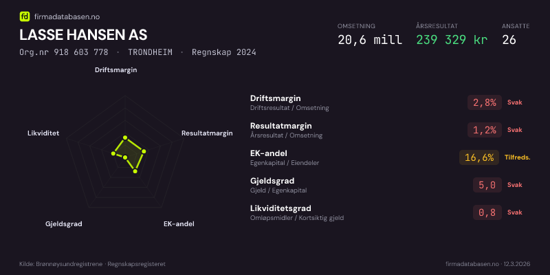 Økonomisk helseprofil for LASSE HANSEN AS (Org.nr 918 603 778) i TRONDHEIM. Omsetning 20,6 mill, årsresultat 239 329 kr, driftsmargin 2,8 %, resultatmargin 1,2 %, EK-andel 16,6 %, gjeldsgrad 5,0, likviditetsgrad 0,8. Regnskap 2024. Kilde: firmadatabasen.no