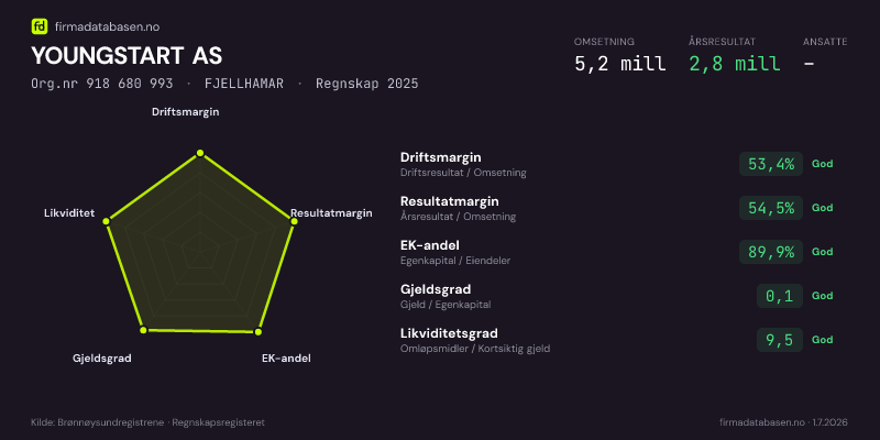 Økonomisk helseprofil for YOUNGSTART AS (Org.nr 918 680 993) i FJELLHAMAR. Omsetning 5,2 mill, årsresultat 2,8 mill, driftsmargin 53,4 %, resultatmargin 54,5 %, EK-andel 89,9 %, gjeldsgrad 0,1, likviditetsgrad 9,5. Regnskap 2025. Kilde: firmadatabasen.no