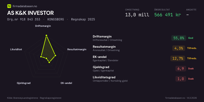 Økonomisk helseprofil for AS K&K INVESTOR (Org.nr 918 843 353) i KONGSBERG. Omsetning 13,0 mill, årsresultat 566 491 kr, driftsmargin 55,8 %, resultatmargin 4,3 %, EK-andel 12,7 %, gjeldsgrad 6,9, likviditetsgrad 1,0. Regnskap 2025. Kilde: firmadatabasen.no