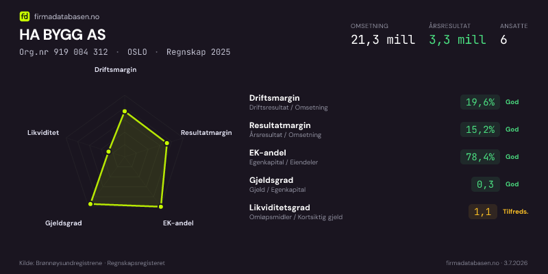 Økonomisk helseprofil for HA BYGG AS (Org.nr 919 004 312) i OSLO. Omsetning 21,3 mill, årsresultat 3,3 mill, driftsmargin 19,6 %, resultatmargin 15,2 %, EK-andel 78,4 %, gjeldsgrad 0,3, likviditetsgrad 1,1. Regnskap 2025. Kilde: firmadatabasen.no