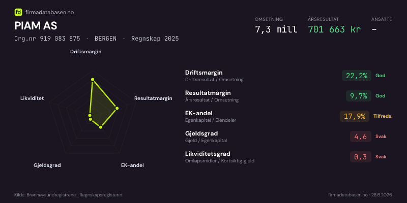 Økonomisk helseprofil for PIAM AS (Org.nr 919 083 875) i BERGEN. Omsetning 7,3 mill, årsresultat 701 663 kr, driftsmargin 22,2 %, resultatmargin 9,7 %, EK-andel 17,9 %, gjeldsgrad 4,6, likviditetsgrad 0,3. Regnskap 2025. Kilde: firmadatabasen.no