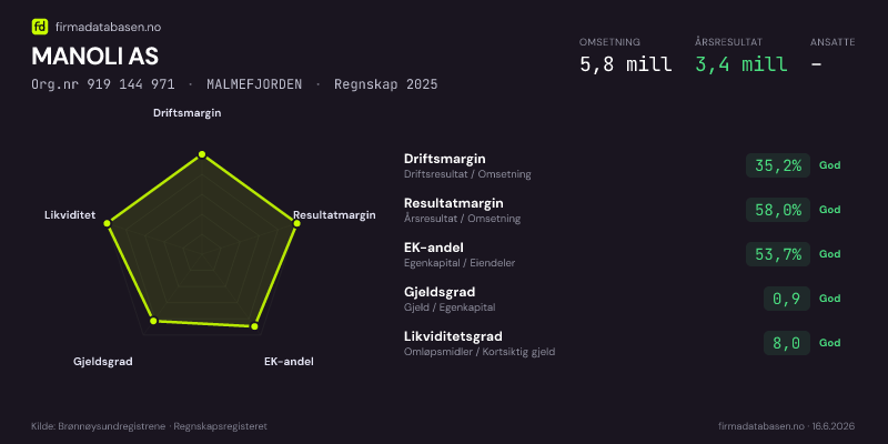 Økonomisk helseprofil for MANOLI AS (Org.nr 919 144 971) i MALMEFJORDEN. Omsetning 5,8 mill, årsresultat 3,4 mill, driftsmargin 35,2 %, resultatmargin 58,0 %, EK-andel 53,7 %, gjeldsgrad 0,9, likviditetsgrad 8,0. Regnskap 2025. Kilde: firmadatabasen.no