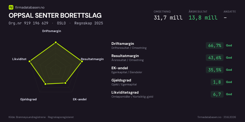 Økonomisk helseprofil for OPPSAL SENTER BORETTSLAG (Org.nr 919 196 629) i OSLO. Omsetning 31,7 mill, årsresultat 13,8 mill, driftsmargin 66,7 %, resultatmargin 43,6 %, EK-andel 35,5 %, gjeldsgrad 1,8, likviditetsgrad 6,7. Regnskap 2025. Kilde: firmadatabasen.no