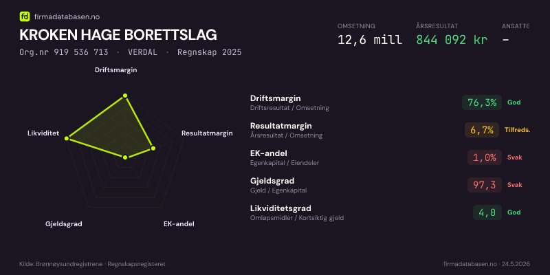 Økonomisk helseprofil for KROKEN HAGE BORETTSLAG (Org.nr 919 536 713) i VERDAL. Omsetning 12,6 mill, årsresultat 844 092 kr, driftsmargin 76,3 %, resultatmargin 6,7 %, EK-andel 1,0 %, gjeldsgrad 97,3, likviditetsgrad 4,0. Regnskap 2025. Kilde: firmadatabasen.no