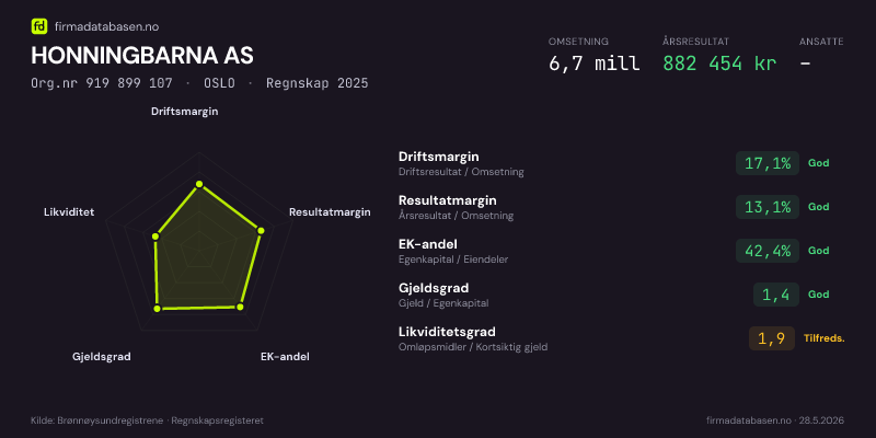 Økonomisk helseprofil for HONNINGBARNA AS (Org.nr 919 899 107) i OSLO. Omsetning 6,7 mill, årsresultat 882 454 kr, driftsmargin 17,1 %, resultatmargin 13,1 %, EK-andel 42,4 %, gjeldsgrad 1,4, likviditetsgrad 1,9. Regnskap 2025. Kilde: firmadatabasen.no