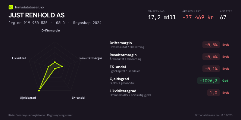 Økonomisk helseprofil for JUST RENHOLD AS (Org.nr 919 930 535) i OSLO. Omsetning 17,2 mill, årsresultat −77 469 kr, driftsmargin -0,5 %, resultatmargin -0,4 %, EK-andel -0,1 %, gjeldsgrad -1096,3, likviditetsgrad 1,0. Regnskap 2024. Kilde: firmadatabasen.no