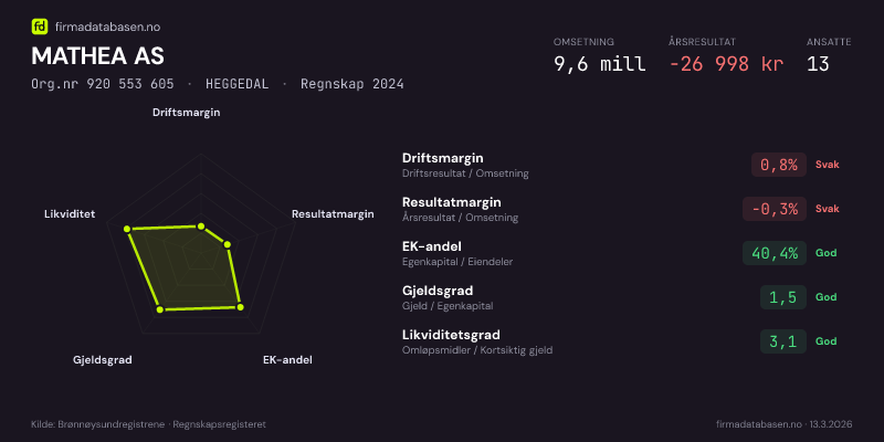 Økonomisk helseprofil for MATHEA AS (Org.nr 920 553 605) i HEGGEDAL. Omsetning 9,6 mill, årsresultat −26 998 kr, driftsmargin 0,8 %, resultatmargin -0,3 %, EK-andel 40,4 %, gjeldsgrad 1,5, likviditetsgrad 3,1. Regnskap 2024. Kilde: firmadatabasen.no