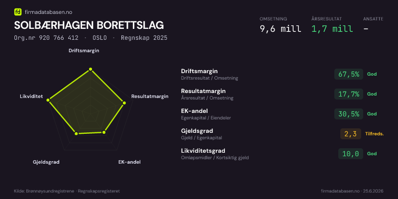 Økonomisk helseprofil for SOLBÆRHAGEN BORETTSLAG (Org.nr 920 766 412) i OSLO. Omsetning 9,6 mill, årsresultat 1,7 mill, driftsmargin 67,5 %, resultatmargin 17,7 %, EK-andel 30,5 %, gjeldsgrad 2,3, likviditetsgrad 10,0. Regnskap 2025. Kilde: firmadatabasen.no