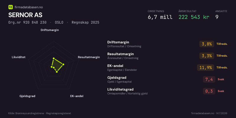 Økonomisk helseprofil for SERNOR AS (Org.nr 920 848 230) i OSLO. Omsetning 6,7 mill, årsresultat 222 543 kr, driftsmargin 3,8 %, resultatmargin 3,3 %, EK-andel 11,9 %, gjeldsgrad 7,4, likviditetsgrad 0,3. Regnskap 2025. Kilde: firmadatabasen.no
