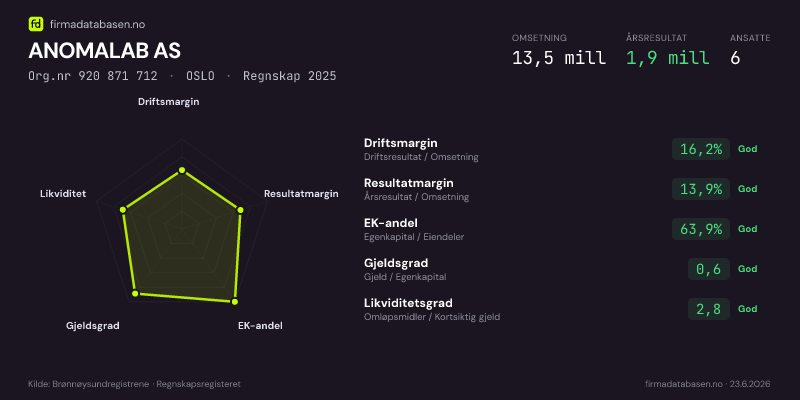 Økonomisk helseprofil for ANOMALAB AS (Org.nr 920 871 712) i OSLO. Omsetning 17,6 mill, årsresultat 2,1 mill, driftsmargin 14,8 %, resultatmargin 11,9 %, EK-andel 59,9 %, gjeldsgrad 0,7, likviditetsgrad 2,5. Regnskap 2024. Kilde: firmadatabasen.no