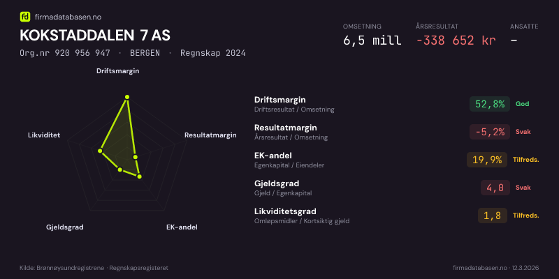 Økonomisk helseprofil for KOKSTADDALEN 7 AS (Org.nr 920 956 947) i BERGEN. Omsetning 6,5 mill, årsresultat −338 652 kr, driftsmargin 52,8 %, resultatmargin -5,2 %, EK-andel 19,9 %, gjeldsgrad 4,0, likviditetsgrad 1,8. Regnskap 2024. Kilde: firmadatabasen.no