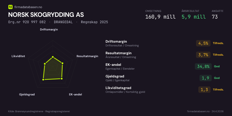 Økonomisk helseprofil for NORSK SKOGRYDDING AS (Org.nr 920 997 082) i DRANGEDAL. Omsetning 160,9 mill, årsresultat 5,9 mill, driftsmargin 4,5 %, resultatmargin 3,7 %, EK-andel 34,8 %, gjeldsgrad 1,9, likviditetsgrad 1,3. Regnskap 2025. Kilde: firmadatabasen.no