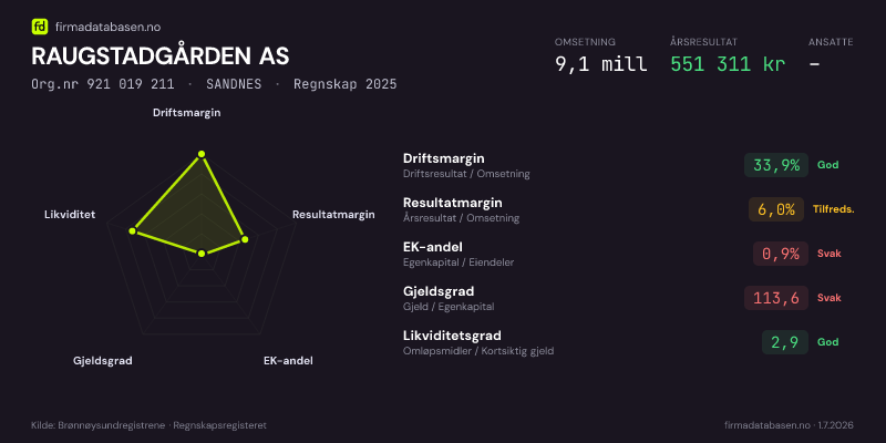 Økonomisk helseprofil for RAUGSTADGÅRDEN AS (Org.nr 921 019 211) i SANDNES. Omsetning 9,1 mill, årsresultat 551 311 kr, driftsmargin 33,9 %, resultatmargin 6,0 %, EK-andel 0,9 %, gjeldsgrad 113,6, likviditetsgrad 2,9. Regnskap 2025. Kilde: firmadatabasen.no