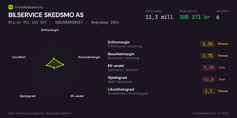 Økonomisk helseprofil for BILSERVICE SKEDSMO AS (Org.nr 921 151 527) i SKEDSMOKORSET. Omsetning 11,3 mill, årsresultat 300 371 kr, driftsmargin 3,3 %, resultatmargin 2,7 %, EK-andel 2,3 %, gjeldsgrad 41,8, likviditetsgrad 1,1. Regnskap 2024. Kilde: firmadatabasen.no