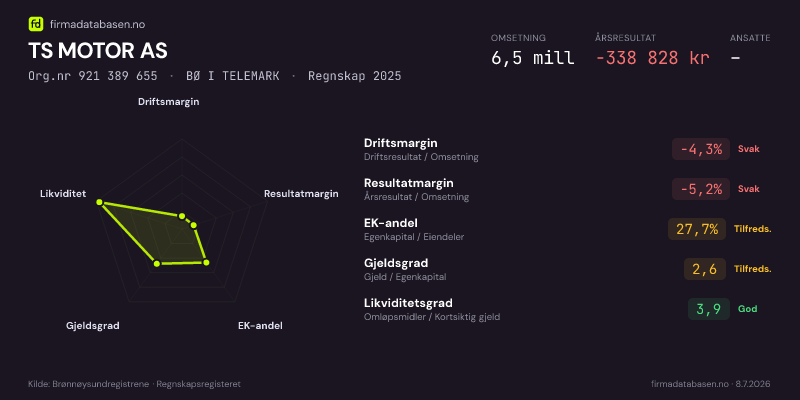 Økonomisk helseprofil for TS MOTOR AS (Org.nr 921 389 655) i BØ I TELEMARK. Omsetning 6,5 mill, årsresultat −338 828 kr, driftsmargin -4,3 %, resultatmargin -5,2 %, EK-andel 27,7 %, gjeldsgrad 2,6, likviditetsgrad 3,9. Regnskap 2025. Kilde: firmadatabasen.no