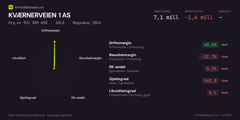 Økonomisk helseprofil for KVÆRNERVEIEN 1 AS (Org.nr 921 509 650) i OSLO. Omsetning 7,1 mill, årsresultat −1,6 mill, driftsmargin 48,6 %, resultatmargin -22,7 %, EK-andel 0,2 %, gjeldsgrad 542,8, likviditetsgrad 0,1. Regnskap 2024. Kilde: firmadatabasen.no