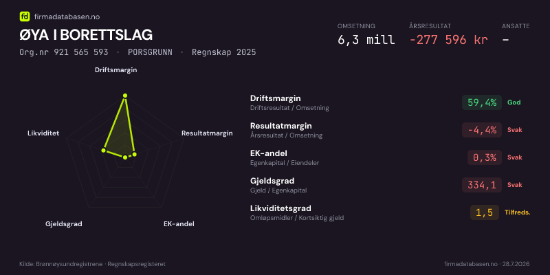 Økonomisk helseprofil for ØYA I BORETTSLAG (Org.nr 921 565 593) i PORSGRUNN. Omsetning 6,3 mill, årsresultat −277 596 kr, driftsmargin 59,4 %, resultatmargin -4,4 %, EK-andel 0,3 %, gjeldsgrad 334,1, likviditetsgrad 1,5. Regnskap 2025. Kilde: firmadatabasen.no