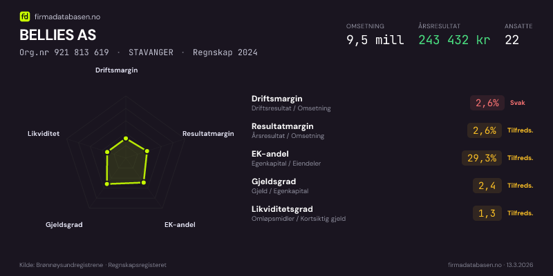 Økonomisk helseprofil for BELLIES AS (Org.nr 921 813 619) i STAVANGER. Omsetning 9,5 mill, årsresultat 243 432 kr, driftsmargin 2,6 %, resultatmargin 2,6 %, EK-andel 29,3 %, gjeldsgrad 2,4, likviditetsgrad 1,3. Regnskap 2024. Kilde: firmadatabasen.no