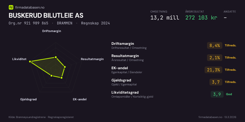 Økonomisk helseprofil for BUSKERUD BILUTLEIE AS (Org.nr 921 989 865) i DRAMMEN. Omsetning 13,2 mill, årsresultat 272 103 kr, driftsmargin 8,4 %, resultatmargin 2,1 %, EK-andel 21,3 %, gjeldsgrad 3,7, likviditetsgrad 3,9. Regnskap 2024. Kilde: firmadatabasen.no