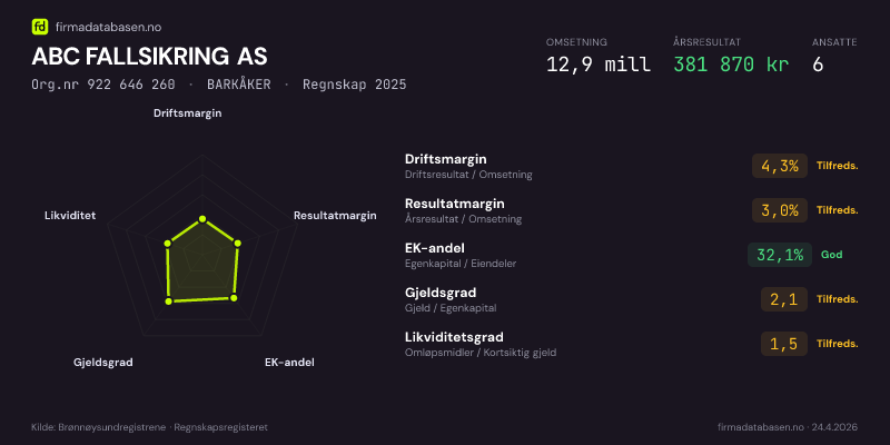 Økonomisk helseprofil for ABC FALLSIKRING AS (Org.nr 922 646 260) i BARKÅKER. Omsetning 12,9 mill, årsresultat 381 870 kr, driftsmargin 4,3 %, resultatmargin 3,0 %, EK-andel 32,1 %, gjeldsgrad 2,1, likviditetsgrad 1,5. Regnskap 2025. Kilde: firmadatabasen.no