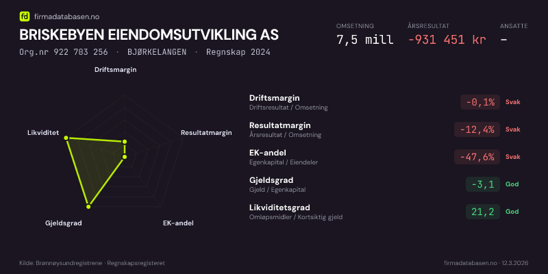 Økonomisk helseprofil for BRISKEBYEN EIENDOMSUTVIKLING AS (Org.nr 922 703 256) i BJØRKELANGEN. Omsetning 7,5 mill, årsresultat −931 451 kr, driftsmargin -0,1 %, resultatmargin -12,4 %, EK-andel -47,6 %, gjeldsgrad -3,1, likviditetsgrad 21,2. Regnskap 2024. Kilde: firmadatabasen.no