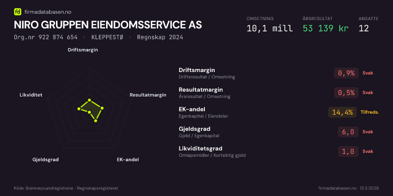 Økonomisk helseprofil for NIRO GRUPPEN EIENDOMSSERVICE AS (Org.nr 922 874 654) i KLEPPESTØ. Omsetning 10,1 mill, årsresultat 53 139 kr, driftsmargin 0,9 %, resultatmargin 0,5 %, EK-andel 14,4 %, gjeldsgrad 6,0, likviditetsgrad 1,0. Regnskap 2024. Kilde: firmadatabasen.no