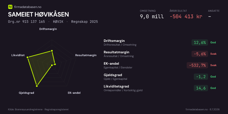 Økonomisk helseprofil for SAMEIET HØVIKÅSEN (Org.nr 923 137 165) i HØVIK. Omsetning 9,0 mill, årsresultat −504 413 kr, driftsmargin 12,6 %, resultatmargin -5,6 %, EK-andel -532,7 %, gjeldsgrad -1,2, likviditetsgrad 14,6. Regnskap 2025. Kilde: firmadatabasen.no