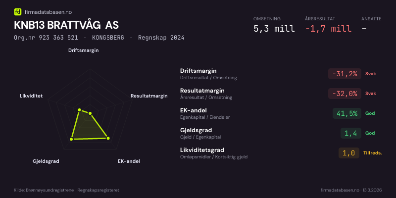 Økonomisk helseprofil for KNB13 BRATTVÅG AS (Org.nr 923 363 521) i KONGSBERG. Omsetning 5,3 mill, årsresultat −1,7 mill, driftsmargin -31,2 %, resultatmargin -32,0 %, EK-andel 41,5 %, gjeldsgrad 1,4, likviditetsgrad 1,0. Regnskap 2024. Kilde: firmadatabasen.no