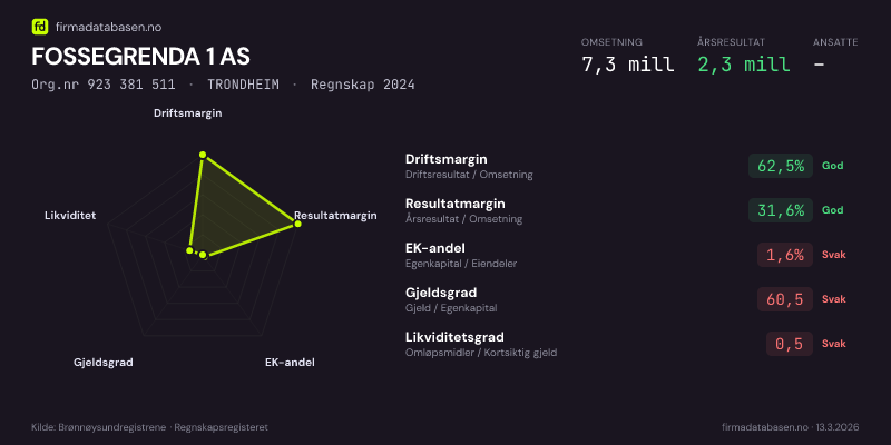 Økonomisk helseprofil for FOSSEGRENDA 1 AS (Org.nr 923 381 511) i TRONDHEIM. Omsetning 7,3 mill, årsresultat 2,3 mill, driftsmargin 62,5 %, resultatmargin 31,6 %, EK-andel 1,6 %, gjeldsgrad 60,5, likviditetsgrad 0,5. Regnskap 2024. Kilde: firmadatabasen.no