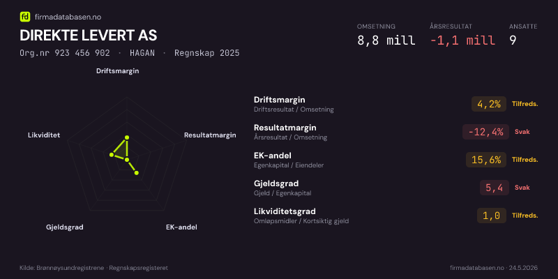 Økonomisk helseprofil for DIREKTE LEVERT AS (Org.nr 923 456 902) i HAGAN. Omsetning 8,8 mill, årsresultat −1,1 mill, driftsmargin 4,2 %, resultatmargin -12,4 %, EK-andel 15,6 %, gjeldsgrad 5,4, likviditetsgrad 1,0. Regnskap 2025. Kilde: firmadatabasen.no