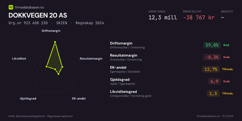 Økonomisk helseprofil for DOKKVEGEN 20 AS (Org.nr 923 608 230) i SKIEN. Omsetning 12,3 mill, årsresultat −38 767 kr, driftsmargin 59,0 %, resultatmargin -0,3 %, EK-andel 12,7 %, gjeldsgrad 6,9, likviditetsgrad 1,3. Regnskap 2024. Kilde: firmadatabasen.no