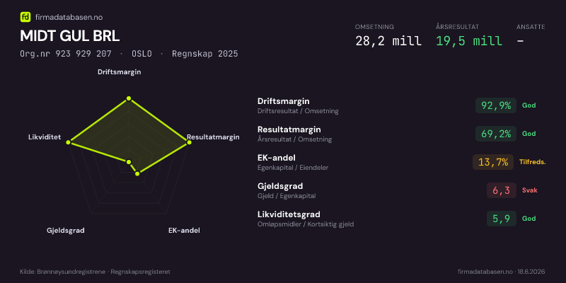 Økonomisk helseprofil for MIDT GUL BRL (Org.nr 923 929 207) i OSLO. Omsetning 28,2 mill, årsresultat 19,5 mill, driftsmargin 92,9 %, resultatmargin 69,2 %, EK-andel 13,7 %, gjeldsgrad 6,3, likviditetsgrad 5,9. Regnskap 2025. Kilde: firmadatabasen.no