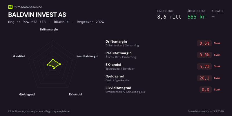 Økonomisk helseprofil for BALDVIN INVEST AS (Org.nr 924 276 118) i DRAMMEN. Omsetning 8,6 mill, årsresultat 665 kr, driftsmargin 0,5 %, resultatmargin 0,0 %, EK-andel 4,7 %, gjeldsgrad 20,1, likviditetsgrad 0,8. Regnskap 2024. Kilde: firmadatabasen.no