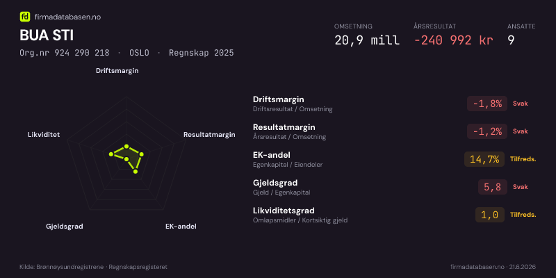 Økonomisk helseprofil for BUA STI (Org.nr 924 290 218) i OSLO. Omsetning 20,9 mill, årsresultat −240 992 kr, driftsmargin -1,8 %, resultatmargin -1,2 %, EK-andel 14,7 %, gjeldsgrad 5,8, likviditetsgrad 1,0. Regnskap 2025. Kilde: firmadatabasen.no