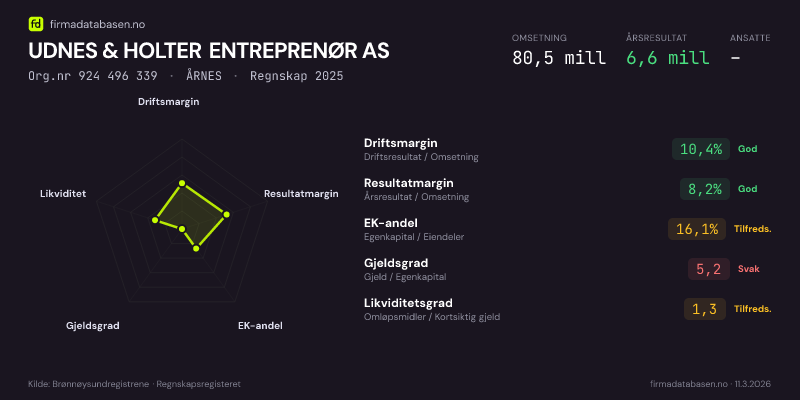 Økonomisk helseprofil for UDNES & HOLTER ENTREPRENØR AS (Org.nr 924 496 339) i ÅRNES. Omsetning 80,5 mill, årsresultat 6,6 mill, driftsmargin 10,4 %, resultatmargin 8,2 %, EK-andel 16,1 %, gjeldsgrad 5,2, likviditetsgrad 1,3. Regnskap 2025. Kilde: firmadatabasen.no
