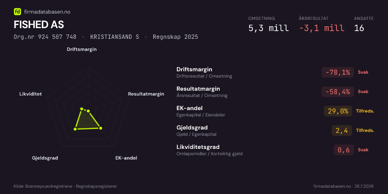 Økonomisk helseprofil for FISHED AS (Org.nr 924 507 748) i KRISTIANSAND S. Omsetning 5,3 mill, årsresultat −3,1 mill, driftsmargin -78,1 %, resultatmargin -58,4 %, EK-andel 29,0 %, gjeldsgrad 2,4, likviditetsgrad 0,6. Regnskap 2025. Kilde: firmadatabasen.no