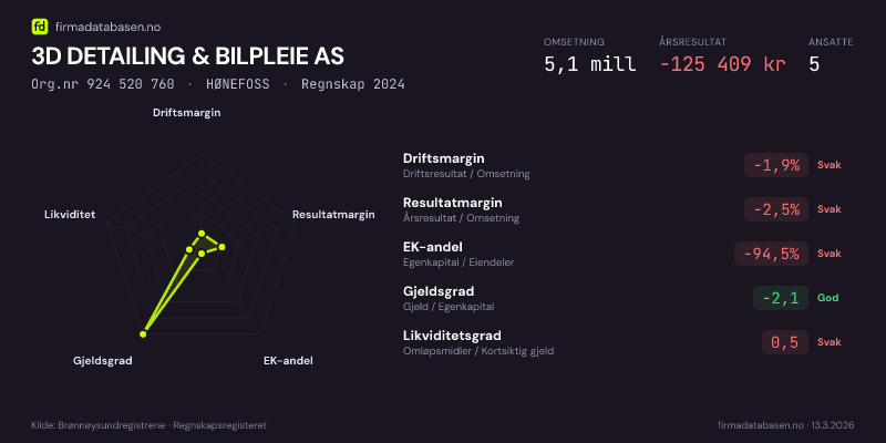 Økonomisk helseprofil for 3D DETAILING & BILPLEIE AS (Org.nr 924 520 760) i HØNEFOSS. Omsetning 5,1 mill, årsresultat −125 409 kr, driftsmargin -1,9 %, resultatmargin -2,5 %, EK-andel -94,5 %, gjeldsgrad -2,1, likviditetsgrad 0,5. Regnskap 2024. Kilde: firmadatabasen.no