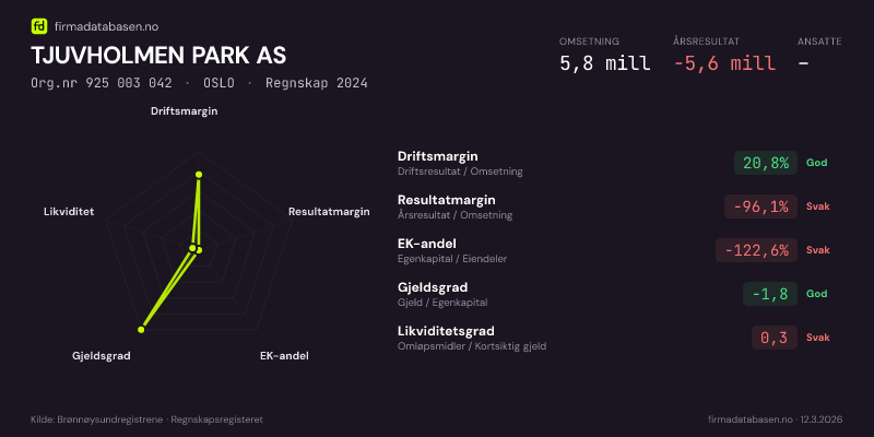 Økonomisk helseprofil for TJUVHOLMEN PARK AS (Org.nr 925 003 042) i OSLO. Omsetning 5,8 mill, årsresultat −5,6 mill, driftsmargin 20,8 %, resultatmargin -96,1 %, EK-andel -122,6 %, gjeldsgrad -1,8, likviditetsgrad 0,3. Regnskap 2024. Kilde: firmadatabasen.no