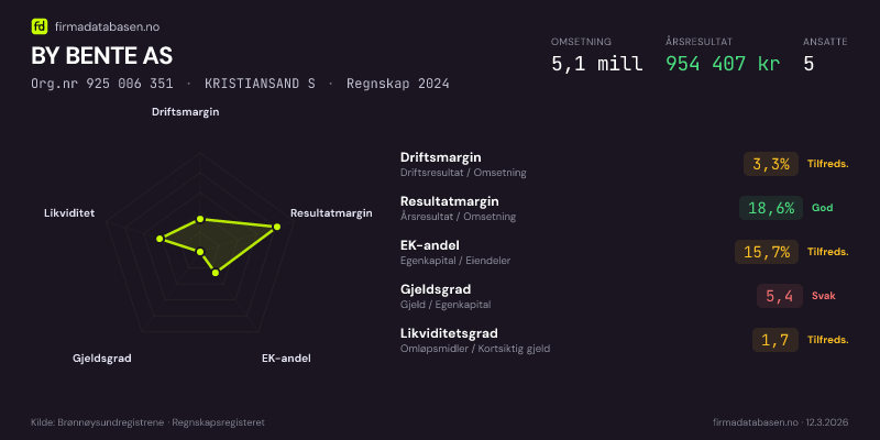 Økonomisk helseprofil for BY BENTE AS (Org.nr 925 006 351) i KRISTIANSAND S. Omsetning 5,1 mill, årsresultat 954 407 kr, driftsmargin 3,3 %, resultatmargin 18,6 %, EK-andel 15,7 %, gjeldsgrad 5,4, likviditetsgrad 1,7. Regnskap 2024. Kilde: firmadatabasen.no