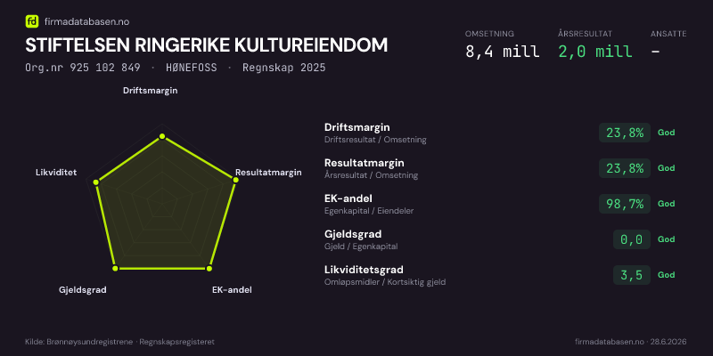Økonomisk helseprofil for STIFTELSEN RINGERIKE KULTUREIENDOM (Org.nr 925 102 849) i HØNEFOSS. Omsetning 8,4 mill, årsresultat 2,0 mill, driftsmargin 23,8 %, resultatmargin 23,8 %, EK-andel 98,7 %, gjeldsgrad 0,0, likviditetsgrad 3,5. Regnskap 2025. Kilde: firmadatabasen.no