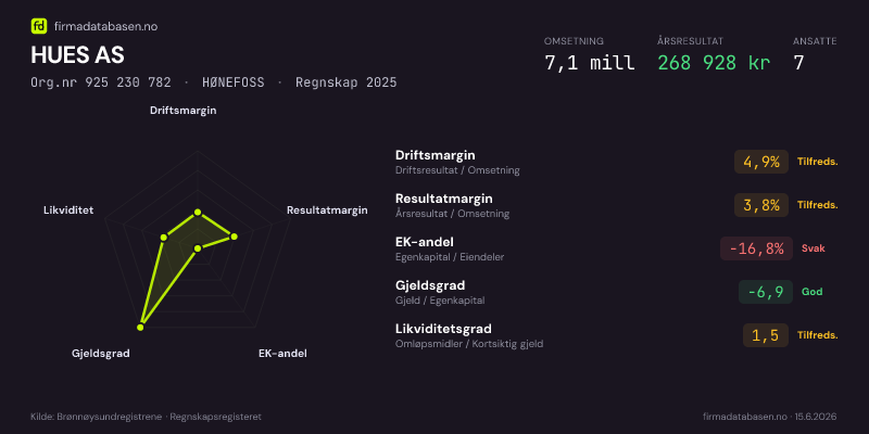 Økonomisk helseprofil for HUES AS (Org.nr 925 230 782) i HØNEFOSS. Omsetning 7,1 mill, årsresultat 268 928 kr, driftsmargin 4,9 %, resultatmargin 3,8 %, EK-andel -16,8 %, gjeldsgrad -6,9, likviditetsgrad 1,5. Regnskap 2025. Kilde: firmadatabasen.no