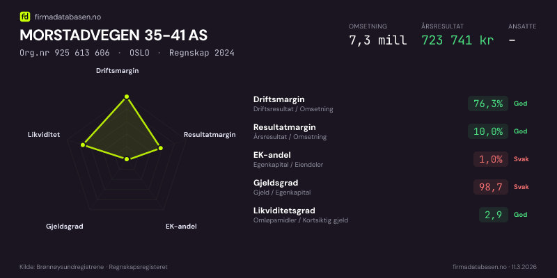 Økonomisk helseprofil for MORSTADVEGEN 35-41 AS (Org.nr 925 613 606) i OSLO. Omsetning 7,3 mill, årsresultat 723 741 kr, driftsmargin 76,3 %, resultatmargin 10,0 %, EK-andel 1,0 %, gjeldsgrad 98,7, likviditetsgrad 2,9. Regnskap 2024. Kilde: firmadatabasen.no