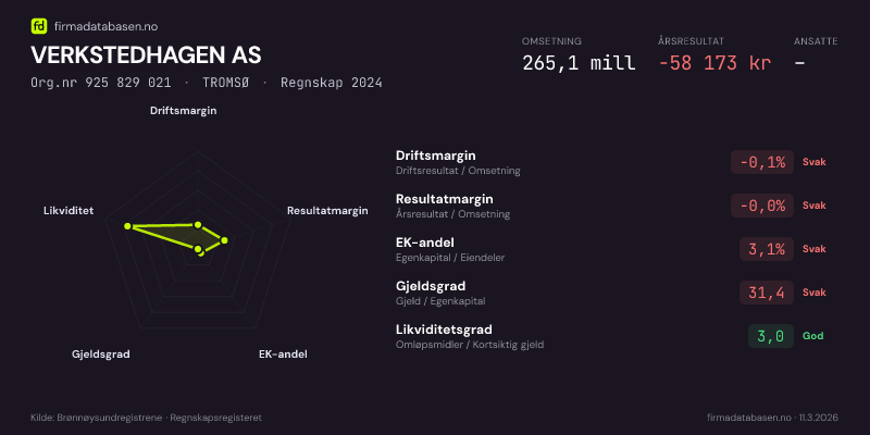 Økonomisk helseprofil for VERKSTEDHAGEN AS (Org.nr 925 829 021) i TROMSØ. Omsetning 265,1 mill, årsresultat −58 173 kr, driftsmargin -0,1 %, resultatmargin -0,0 %, EK-andel 3,1 %, gjeldsgrad 31,4, likviditetsgrad 3,0. Regnskap 2024. Kilde: firmadatabasen.no