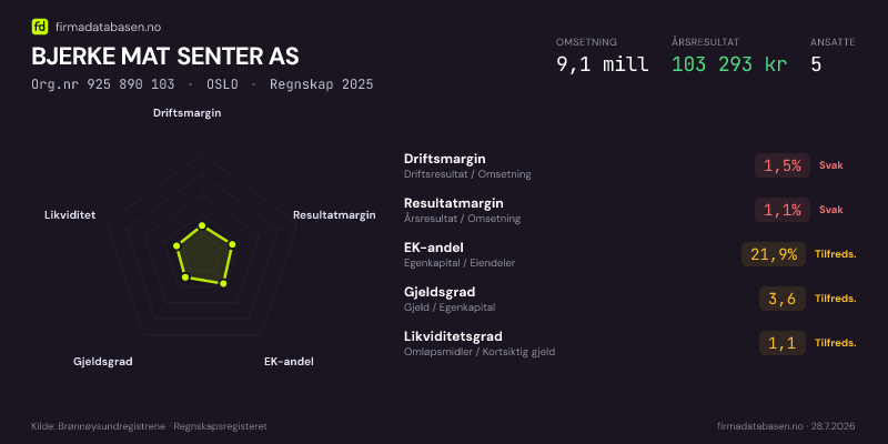 Økonomisk helseprofil for BJERKE MAT SENTER AS (Org.nr 925 890 103) i OSLO. Omsetning 9,1 mill, årsresultat 103 293 kr, driftsmargin 1,5 %, resultatmargin 1,1 %, EK-andel 21,9 %, gjeldsgrad 3,6, likviditetsgrad 1,1. Regnskap 2025. Kilde: firmadatabasen.no