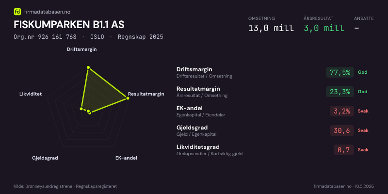 Økonomisk helseprofil for FISKUMPARKEN B1.1 AS (Org.nr 926 161 768) i OSLO. Omsetning 13,0 mill, årsresultat 3,0 mill, driftsmargin 77,5 %, resultatmargin 23,3 %, EK-andel 3,2 %, gjeldsgrad 30,6, likviditetsgrad 0,7. Regnskap 2025. Kilde: firmadatabasen.no
