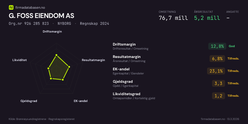 Økonomisk helseprofil for G. FOSS EIENDOM AS (Org.nr 926 285 823) i NYBORG. Omsetning 76,7 mill, årsresultat 5,2 mill, driftsmargin 12,8 %, resultatmargin 6,8 %, EK-andel 23,1 %, gjeldsgrad 3,3, likviditetsgrad 1,2. Regnskap 2024. Kilde: firmadatabasen.no