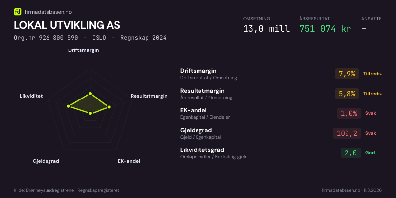 Økonomisk helseprofil for LOKAL UTVIKLING AS (Org.nr 926 800 590) i OSLO. Omsetning 13,0 mill, årsresultat 751 074 kr, driftsmargin 7,9 %, resultatmargin 5,8 %, EK-andel 1,0 %, gjeldsgrad 100,2, likviditetsgrad 2,0. Regnskap 2024. Kilde: firmadatabasen.no