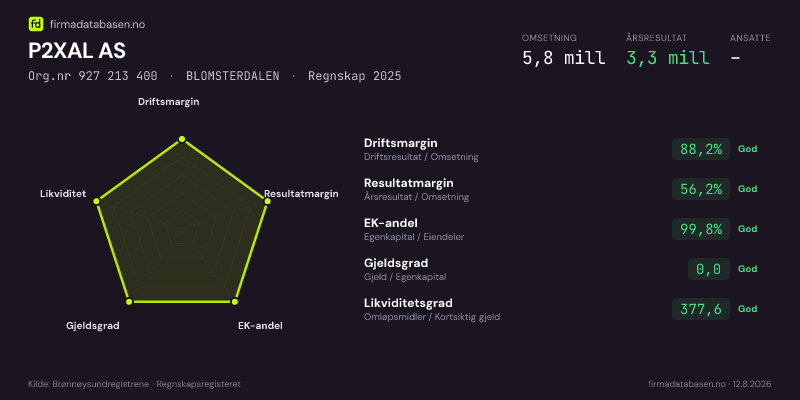 Økonomisk helseprofil for P2XAL AS (Org.nr 927 213 400) i BLOMSTERDALEN. Omsetning 5,8 mill, årsresultat 3,3 mill, driftsmargin 88,2 %, resultatmargin 56,2 %, EK-andel 99,8 %, gjeldsgrad 0,0, likviditetsgrad 377,6. Regnskap 2025. Kilde: firmadatabasen.no