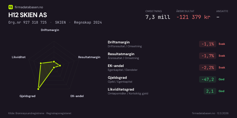 Økonomisk helseprofil for H12 SKIEN AS (Org.nr 927 318 725) i SKIEN. Omsetning 7,3 mill, årsresultat −121 379 kr, driftsmargin -1,1 %, resultatmargin -1,7 %, EK-andel -2,2 %, gjeldsgrad -47,2, likviditetsgrad 2,1. Regnskap 2024. Kilde: firmadatabasen.no
