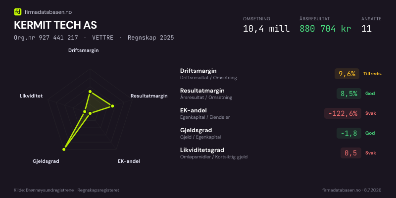 Økonomisk helseprofil for KERMIT TECH AS (Org.nr 927 441 217) i VETTRE. Omsetning 10,4 mill, årsresultat 880 704 kr, driftsmargin 9,6 %, resultatmargin 8,5 %, EK-andel -122,6 %, gjeldsgrad -1,8, likviditetsgrad 0,5. Regnskap 2025. Kilde: firmadatabasen.no